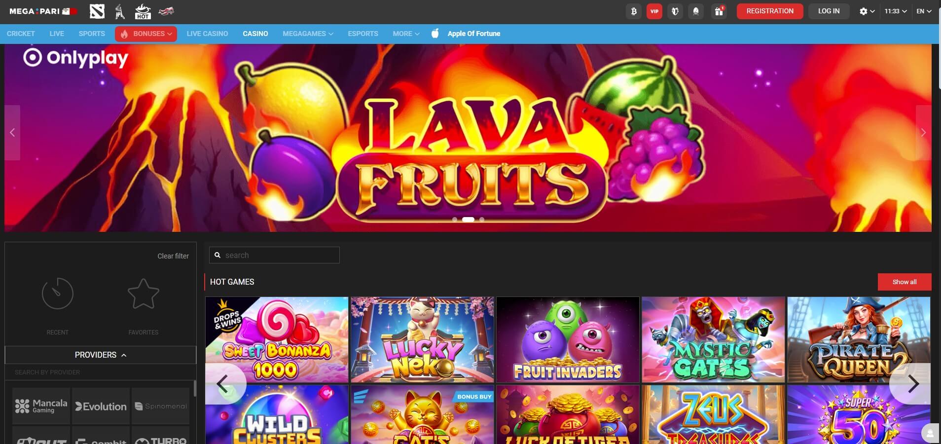 Screenshot dell'interfaccia di MegaPari Casino mostrando la homepage con giochi e bonus
