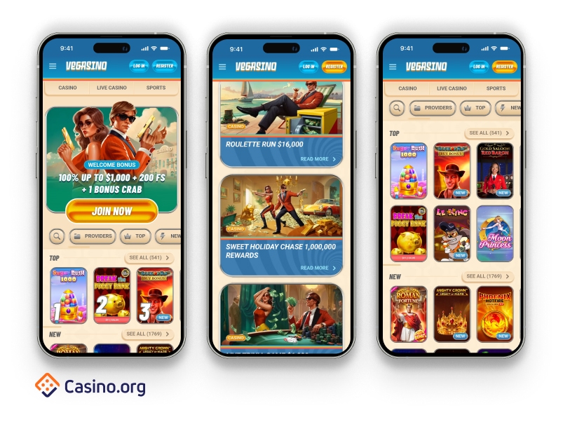 Interface du casino Vegasino montrant la section de retrait sur mobile