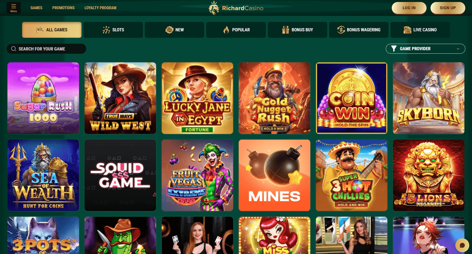 Screenshot of the Richard Casino app game lobby on a mobile device, showing various slot and table game thumbnails.