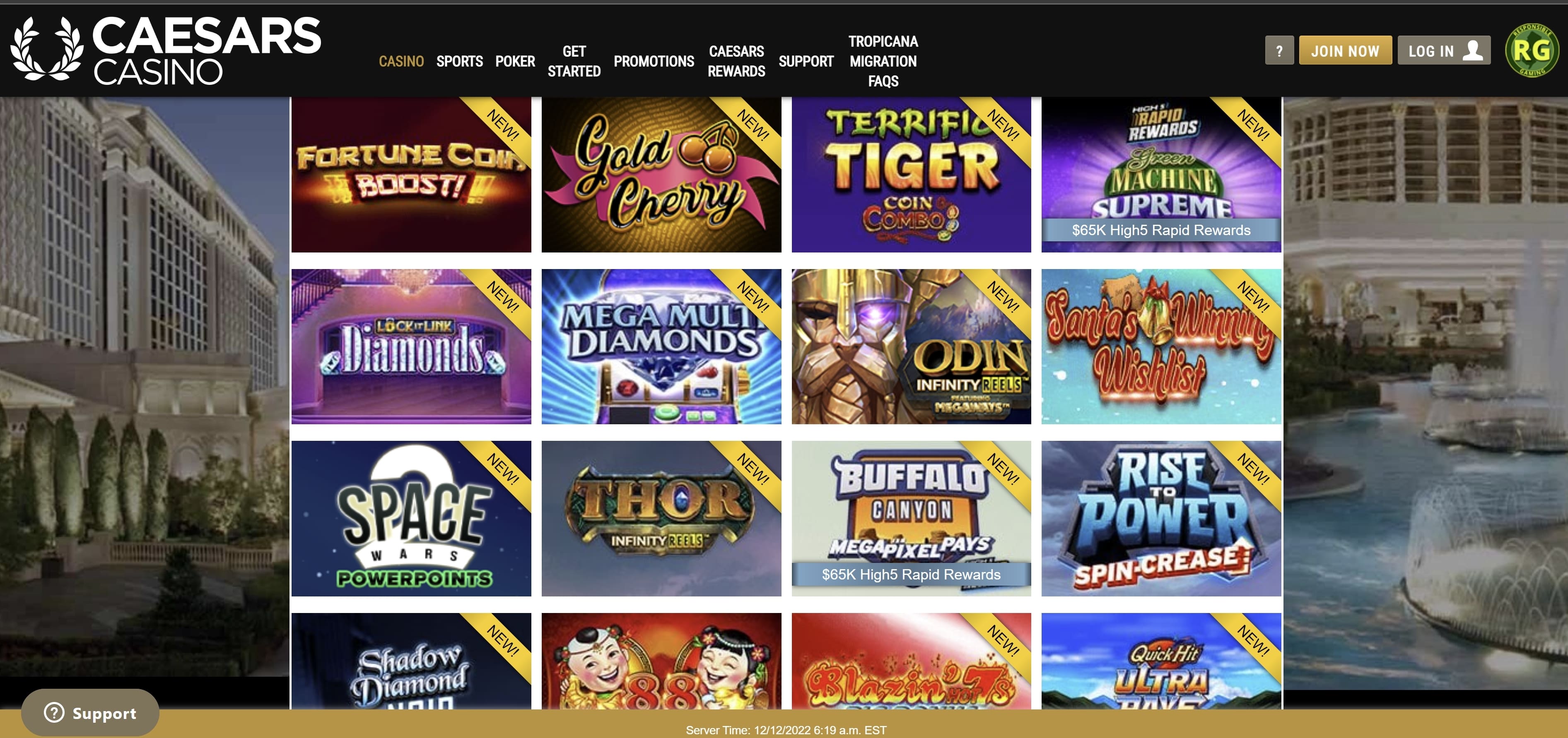 The image shows the game lobby for Caesars online casino.