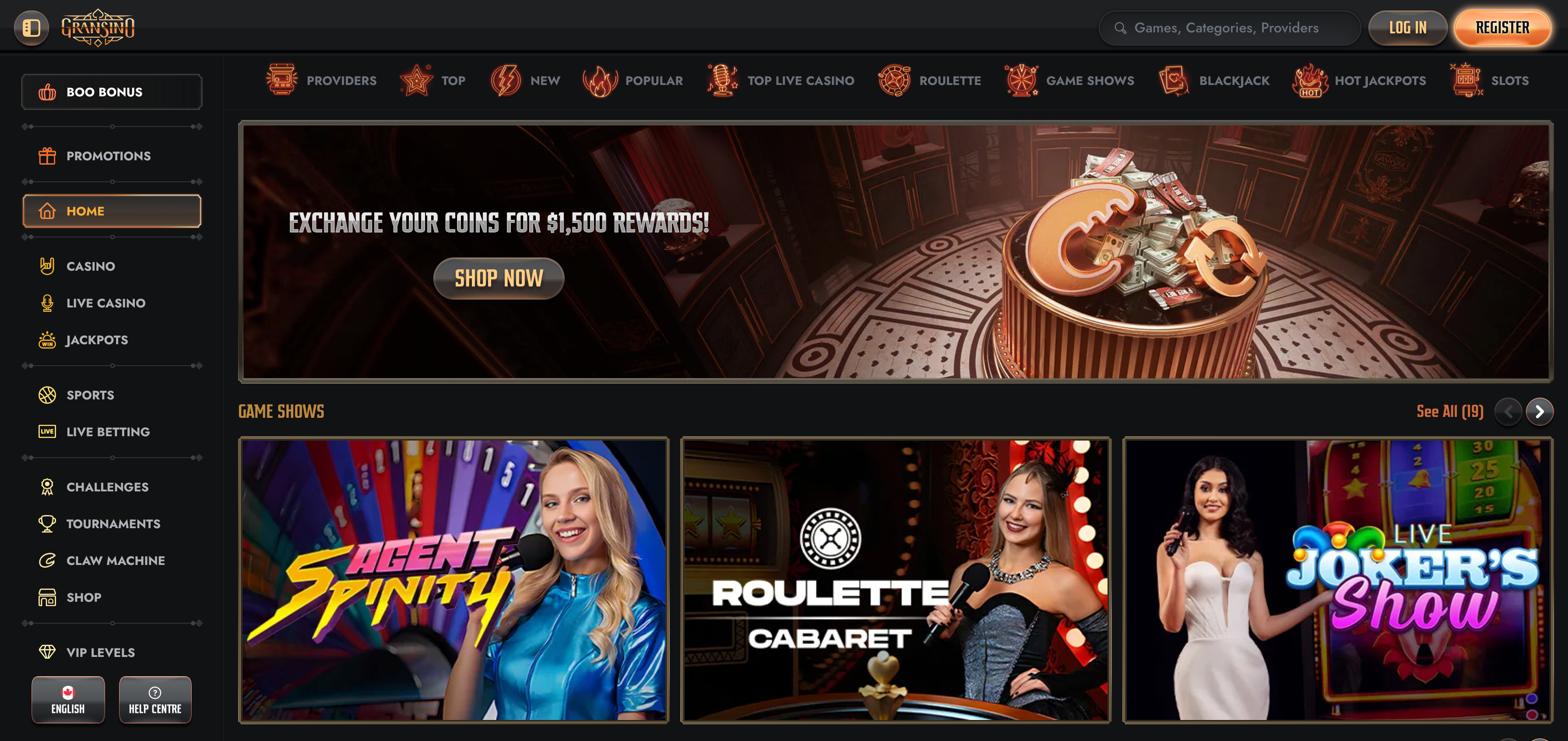 Gransino casino interface showcasing games and features