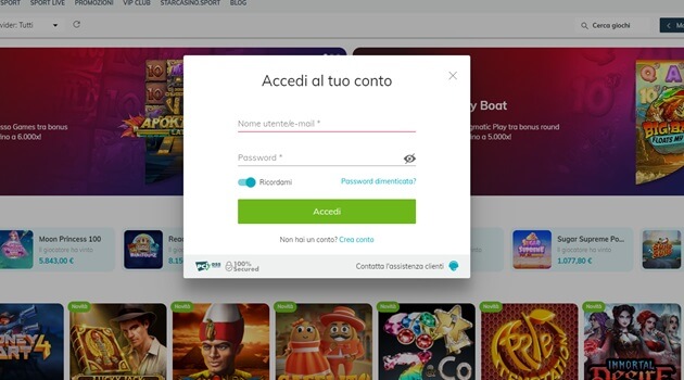 Schermata del login Starcasino su dispositivi mobili