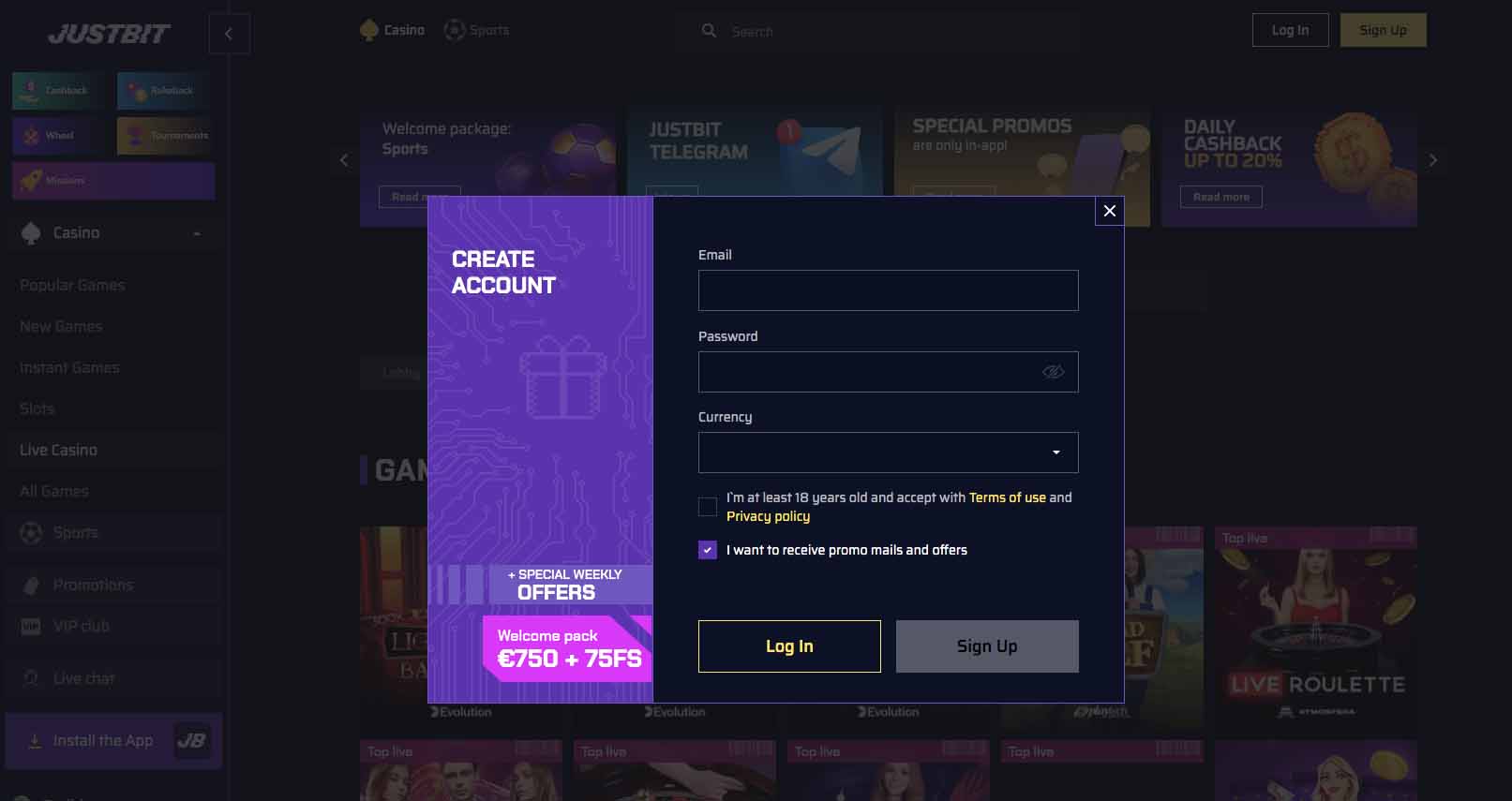 Justbit Casino registratiescherm