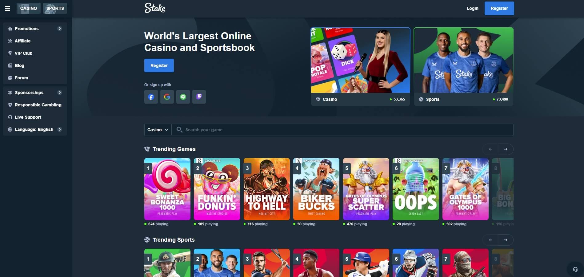 Interface de Stake casino france