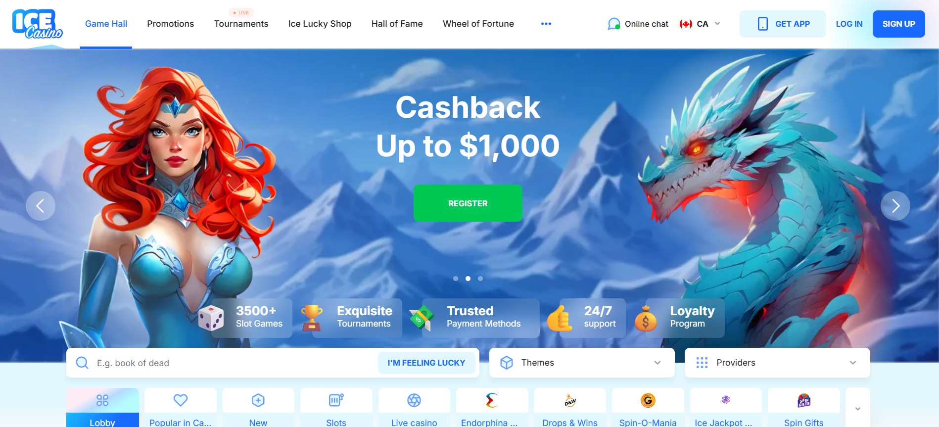 Interfejs aplikacji mobilnej Ice Casino na smartfonie