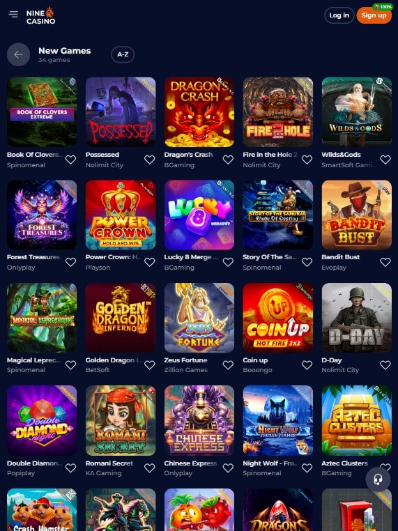 Schermata dei giochi di Nine Casino