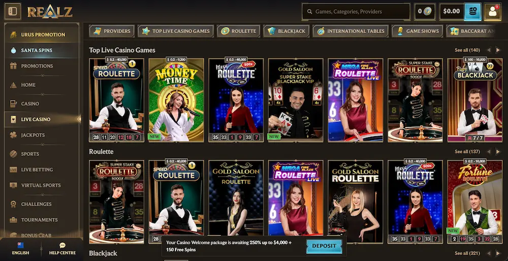 Realz Casinos mobil app képernyőkép a játékválasztékról