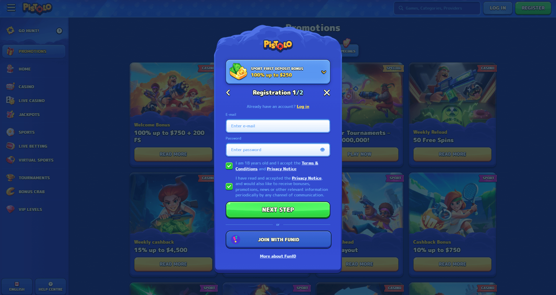 Pistolo Casino Registrierungsprozess Screenshot