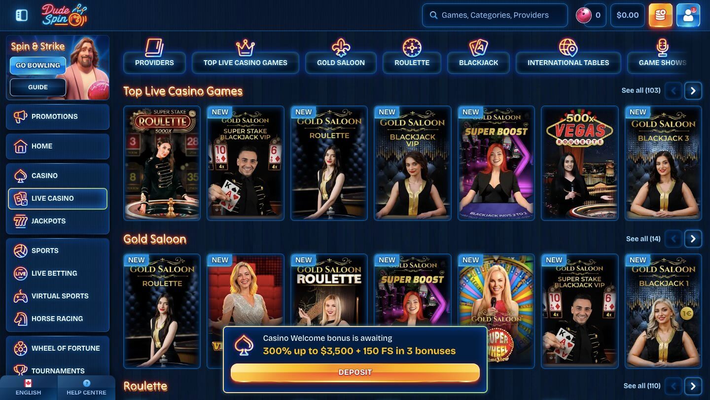 Dudespin Casino Interface Screenshot