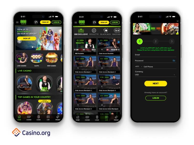 Interfaz de la app de 888casino