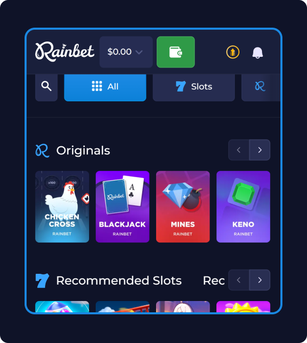 Rainbet start playing interface