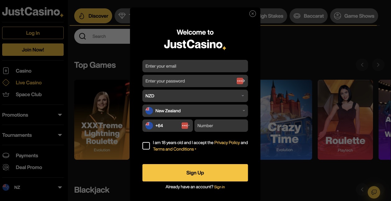 Just Casino Login Screen