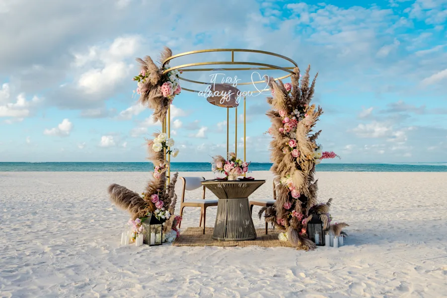Romantic dinner marriage proposal setup at sunset in Punta Cana