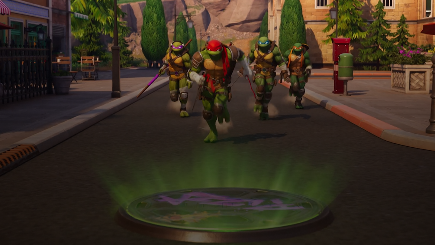 The four ninja turtles running in the street