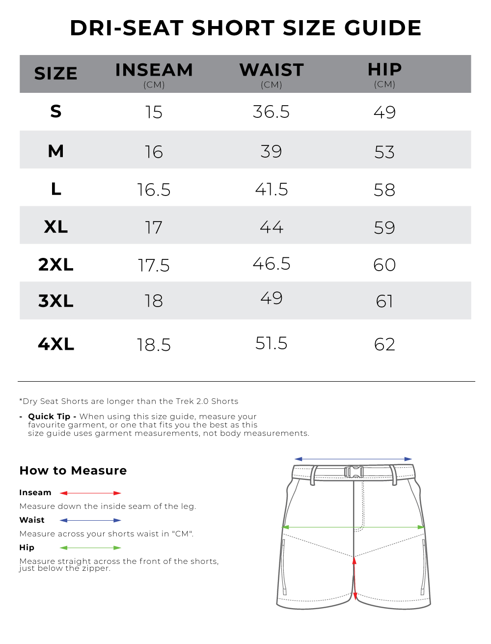 Bushbuck Dri-Seat Unisex Shorts Size Guide