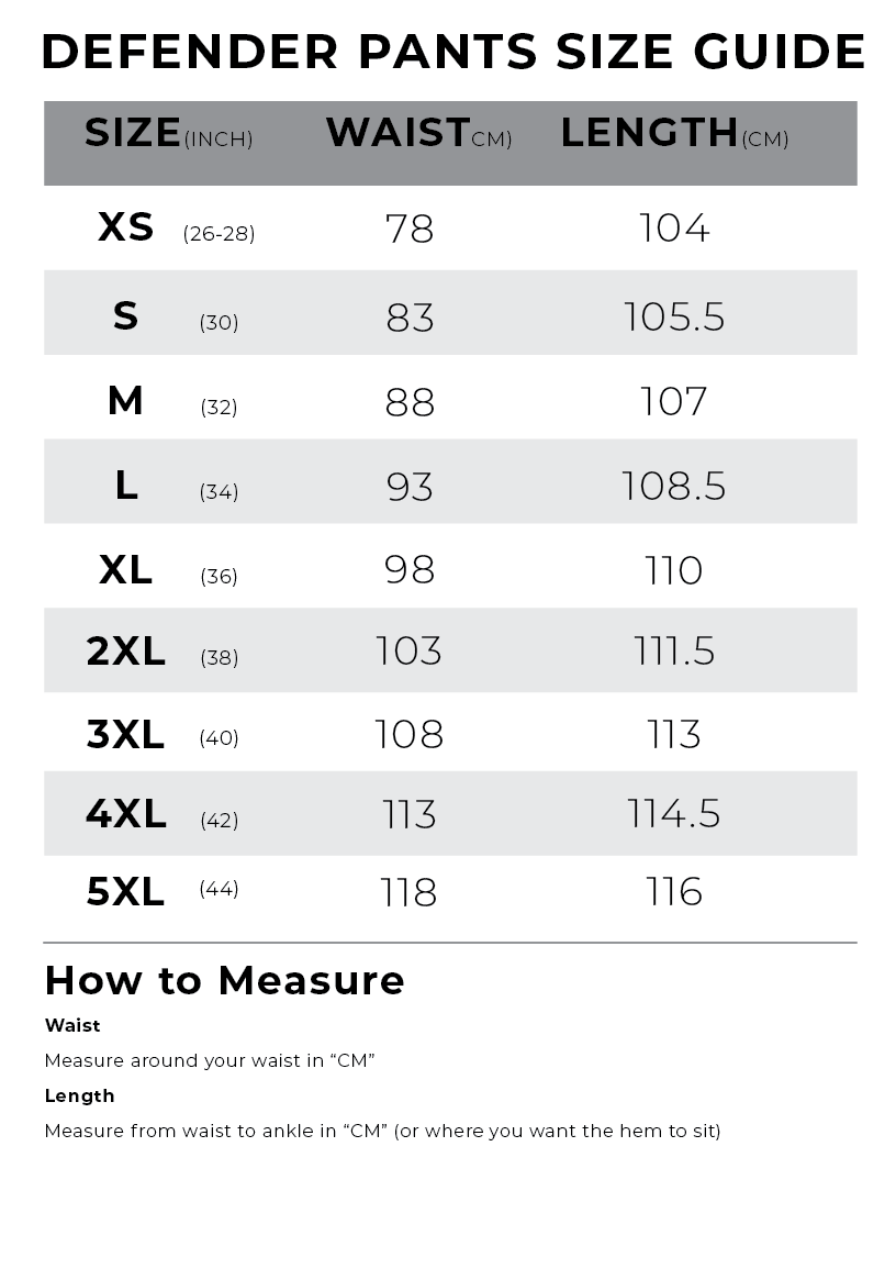 Bushbuck Defender Unisex Waterproof Trousers Size Guide