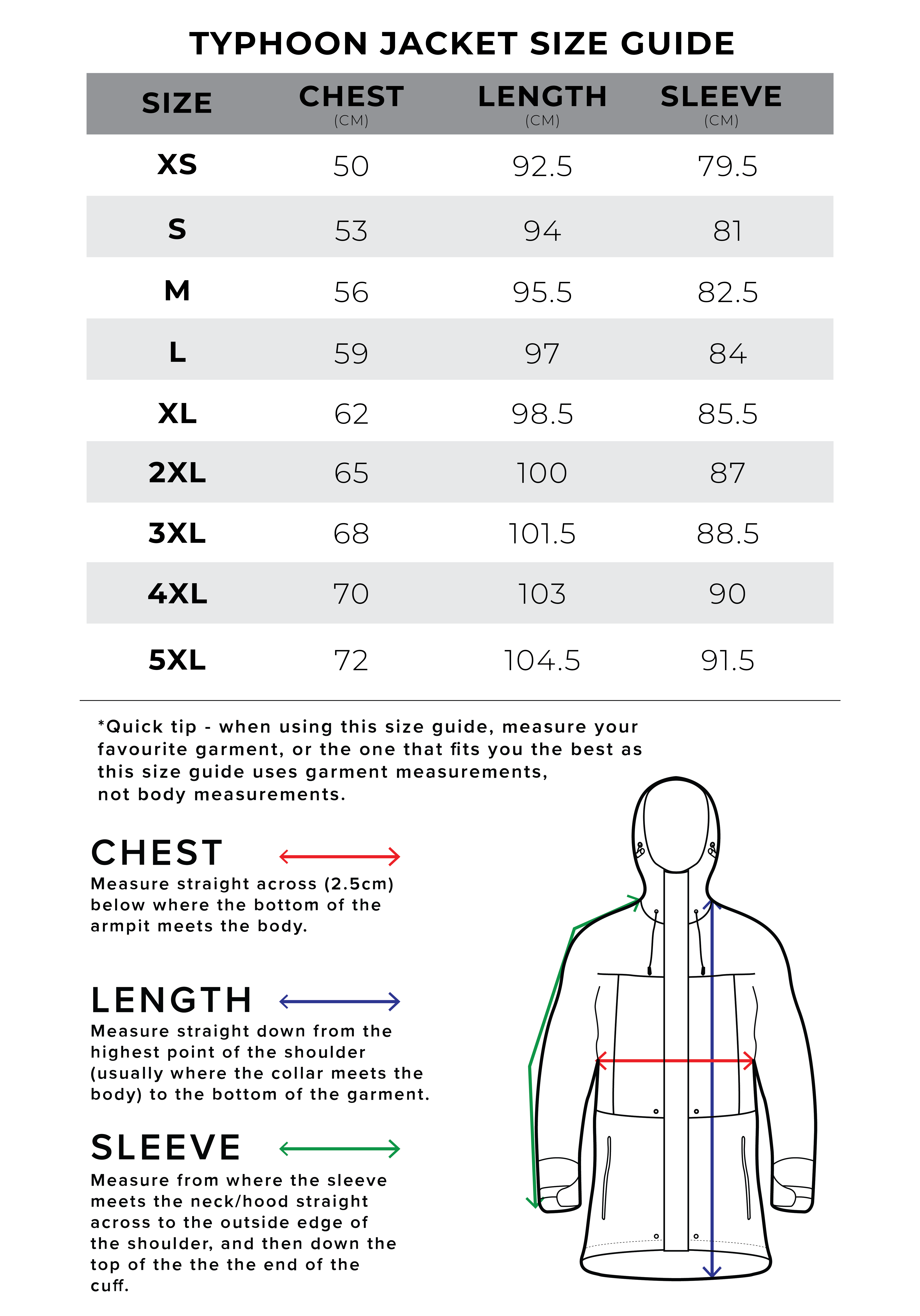Bushbuck Typhoon Unisex Waterproof Jacket Size Guide