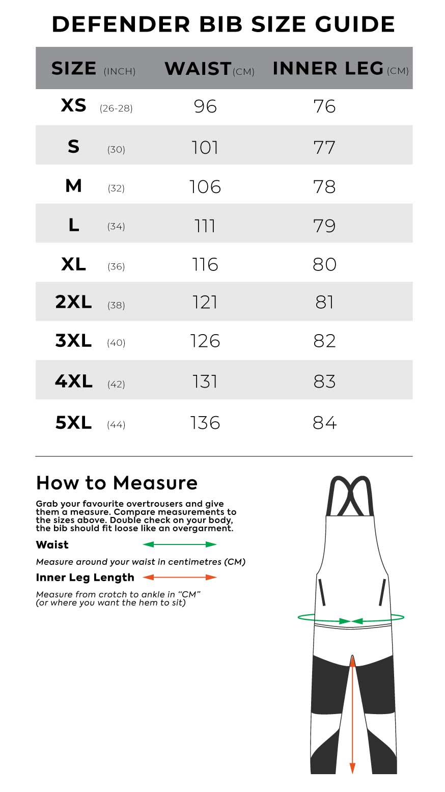 Bushbuck Defender Unisex Waterproof Bib Overtrousers Size Guide