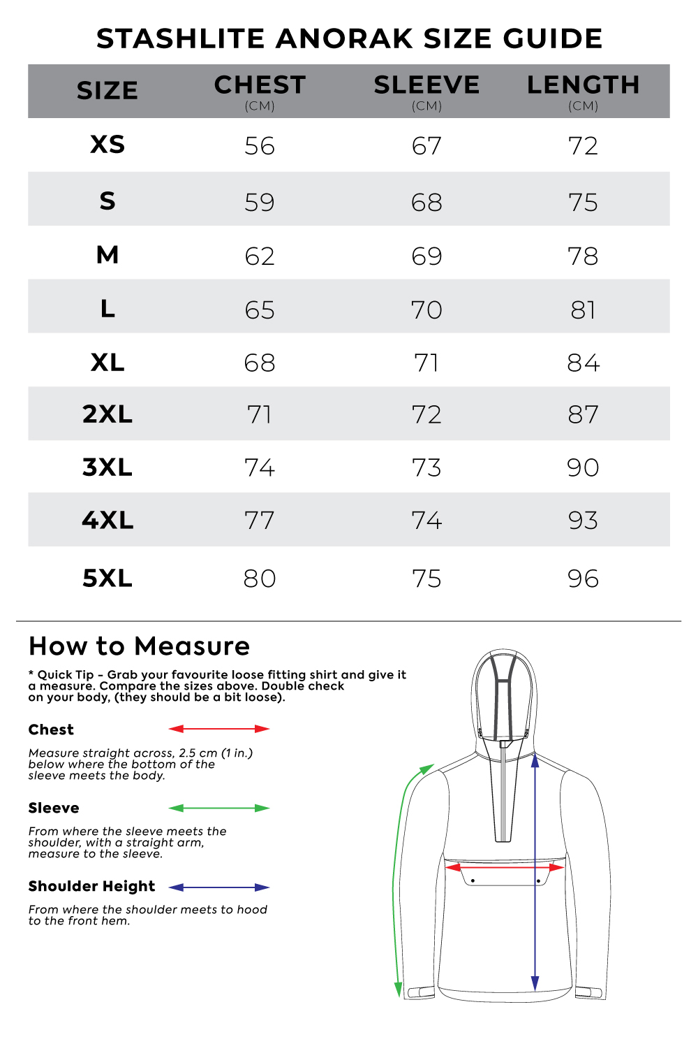 Bushbuck Stashlite Anorak Unisex Rain Jacket Size Guide