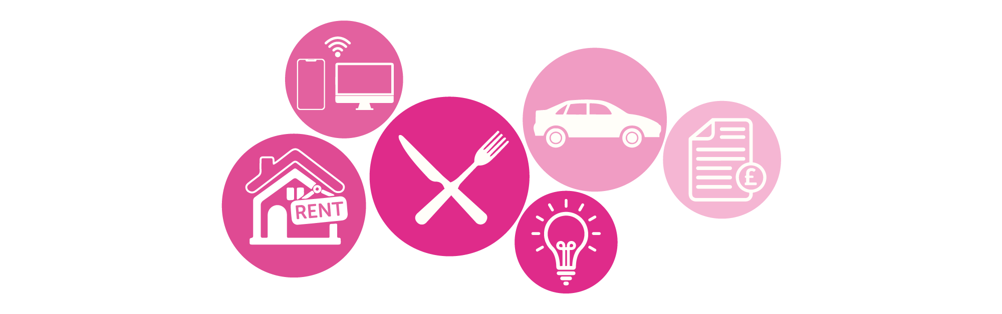 six circles containing icons of different expenses such as a car, a rented house, broadband