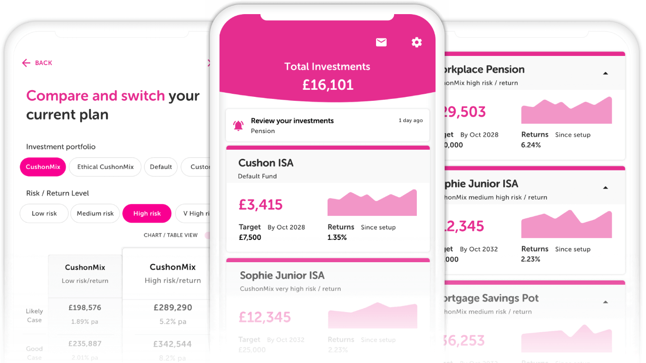 Three mobile screens showcasing the Cushon app