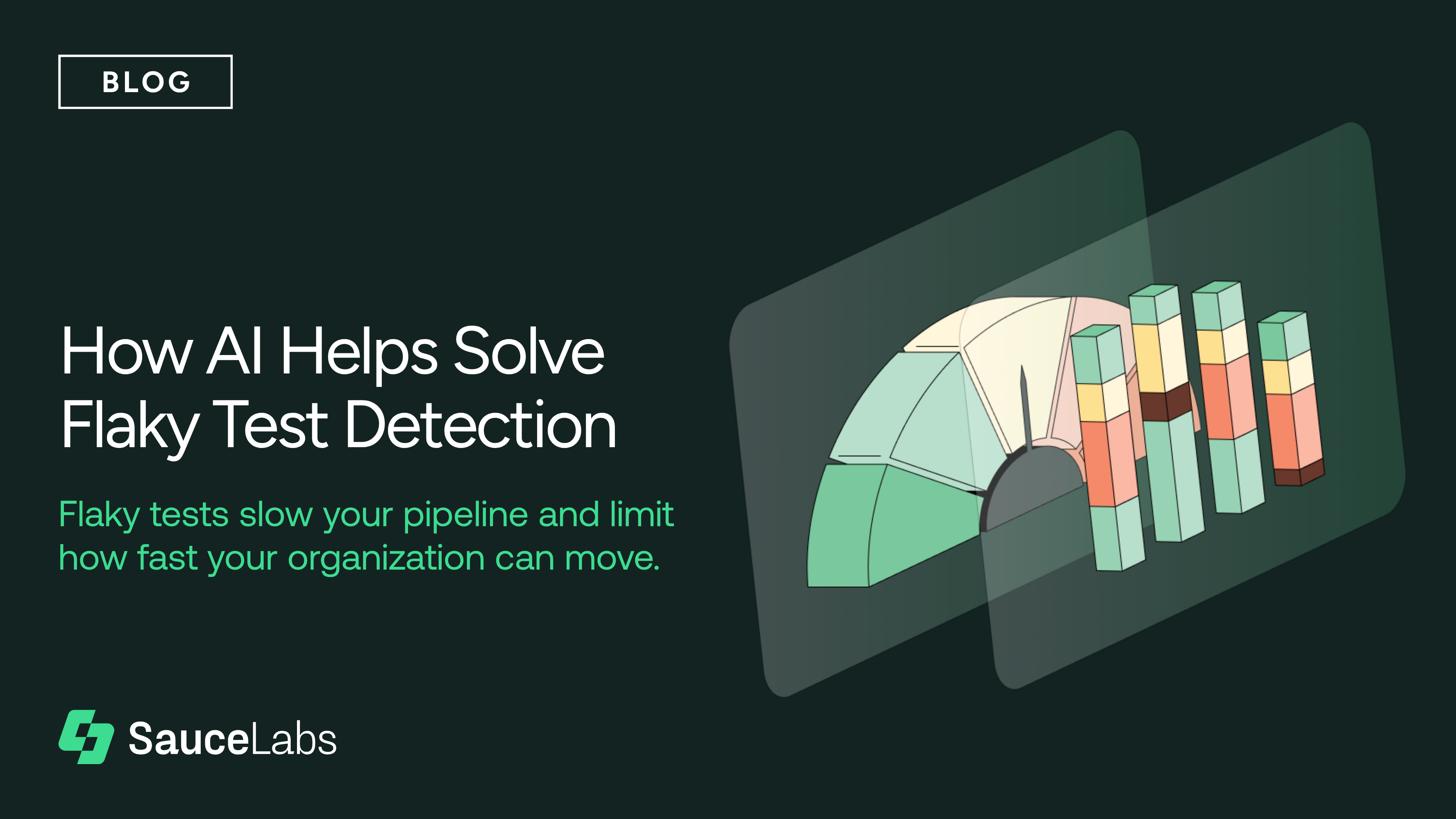 Sauce Labs blog graphic titled "How AI Helps Solve Flaky Test Detection" with a colorful gauge chart illustration.