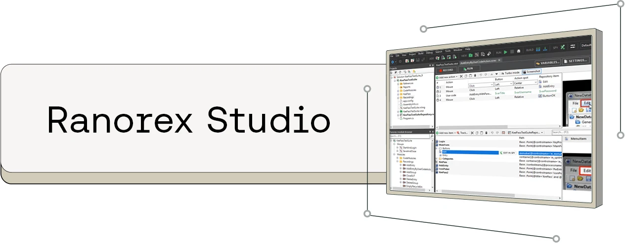 Ranorex Studio interface showing development environment with project explorer, properties panel, and code editor.