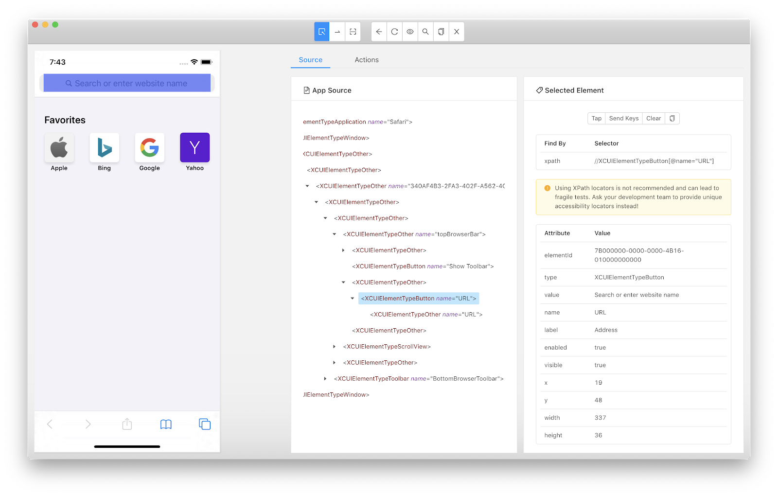 Use the iOS predicate string locator to specifically select the url-button element. 