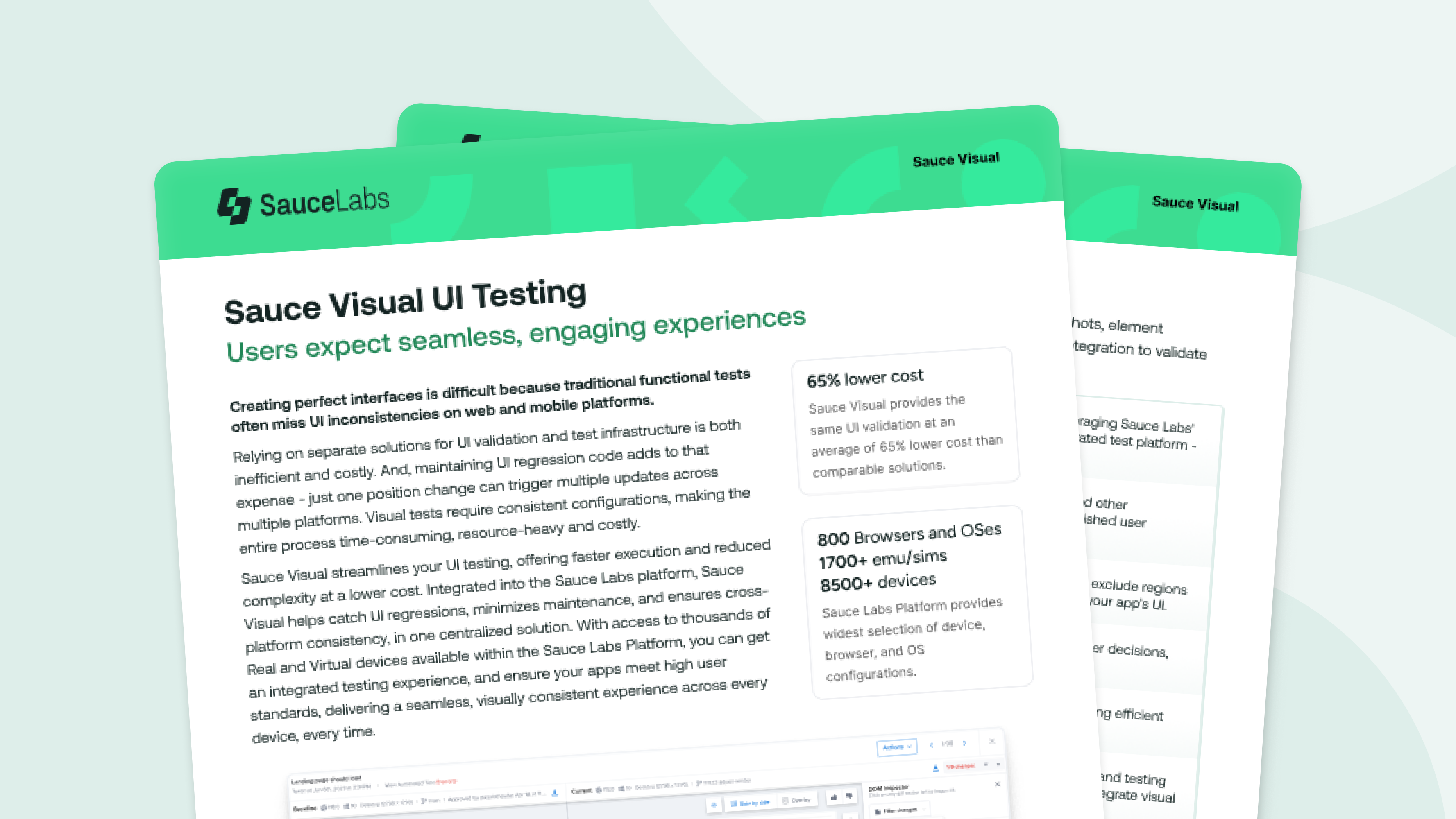 SauceLabs Sauce Visual UI Testing product brochure pages with green header, white background, and key stats highlighted.