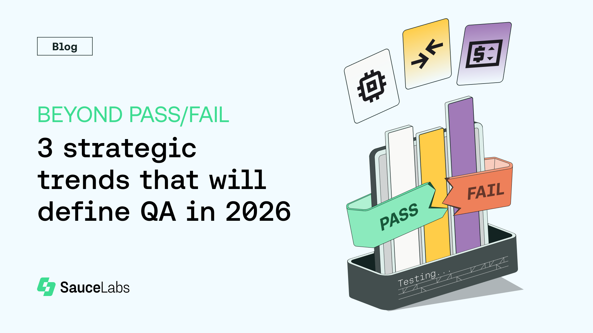 Illustrated blog header showing "3 strategic trends that will define QA in 2026" with pass/fail labels and testing icons.