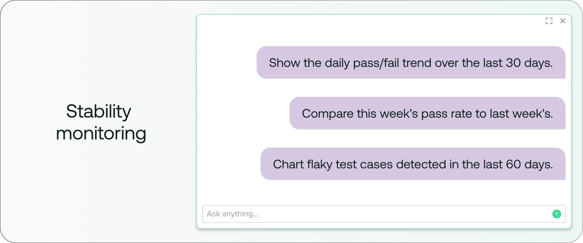 Stability monitoring interface showing options to view pass/fail trends, compare pass rates, and chart flaky test cases.