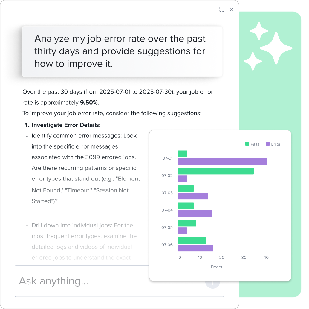Job error rate analysis interface showing 9.50% error rate with suggestions for improvement and a bar chart of daily errors.