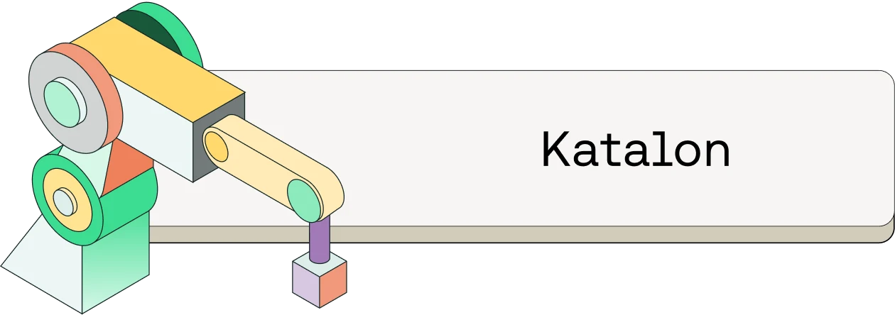 Colorful abstract illustration of mechanical components with gears and levers next to "Katalon" in text.