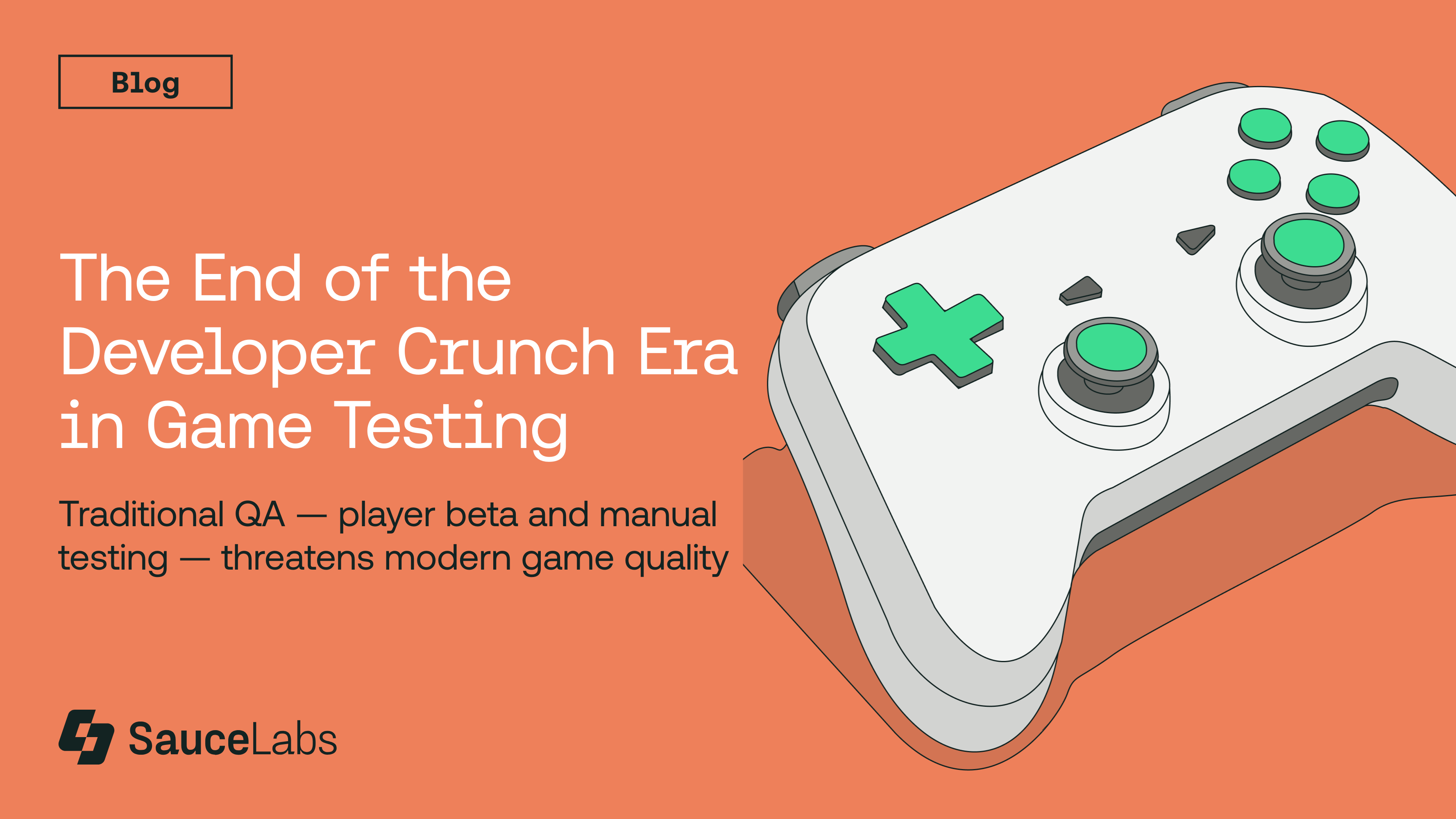 White game controller with green buttons on orange background, blog post about ending developer crunch in game testing.