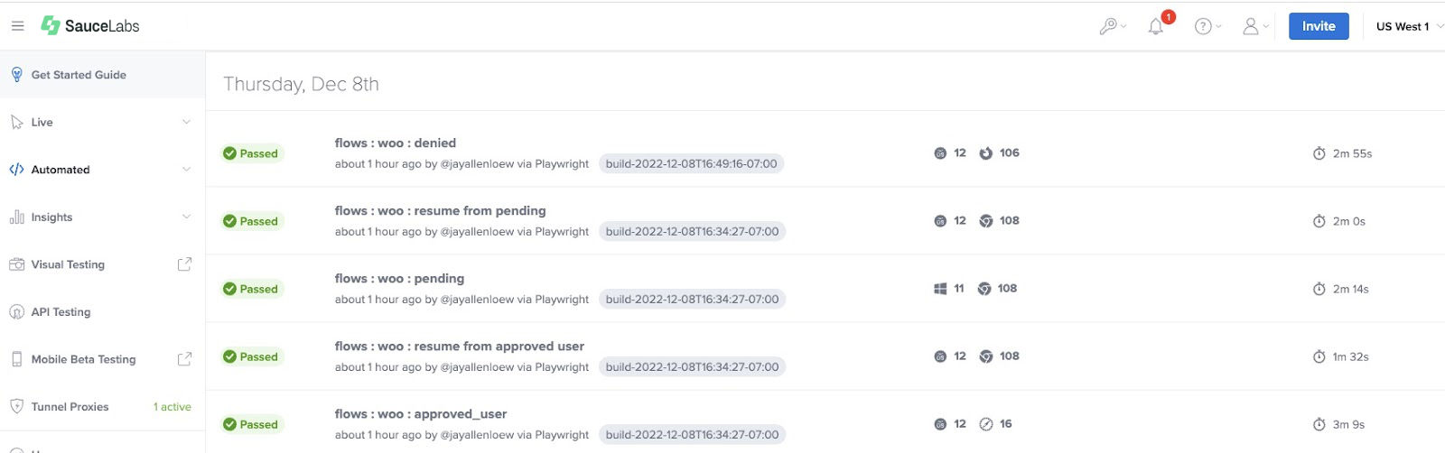 Example of the automated testing dashboard on Sauce Labs