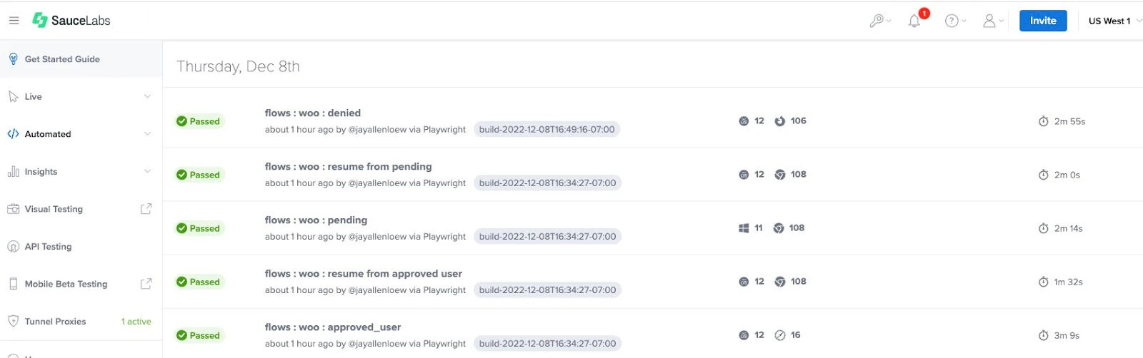 Example of the automated testing dashboard on Sauce Labs