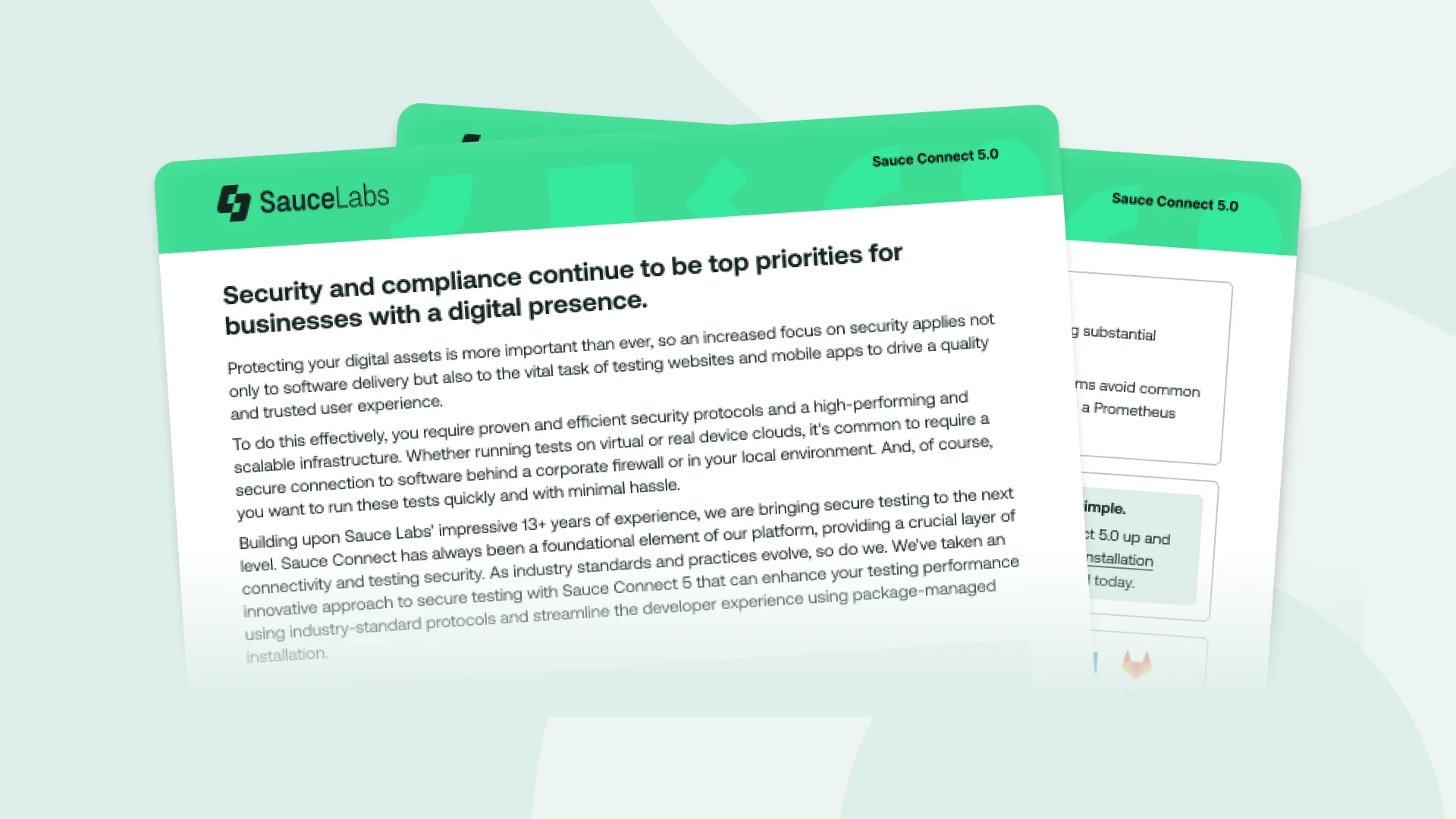 SauceLabs data sheet for Sauce Connect 5.0, featuring product information about software quality intelligence on mint background.