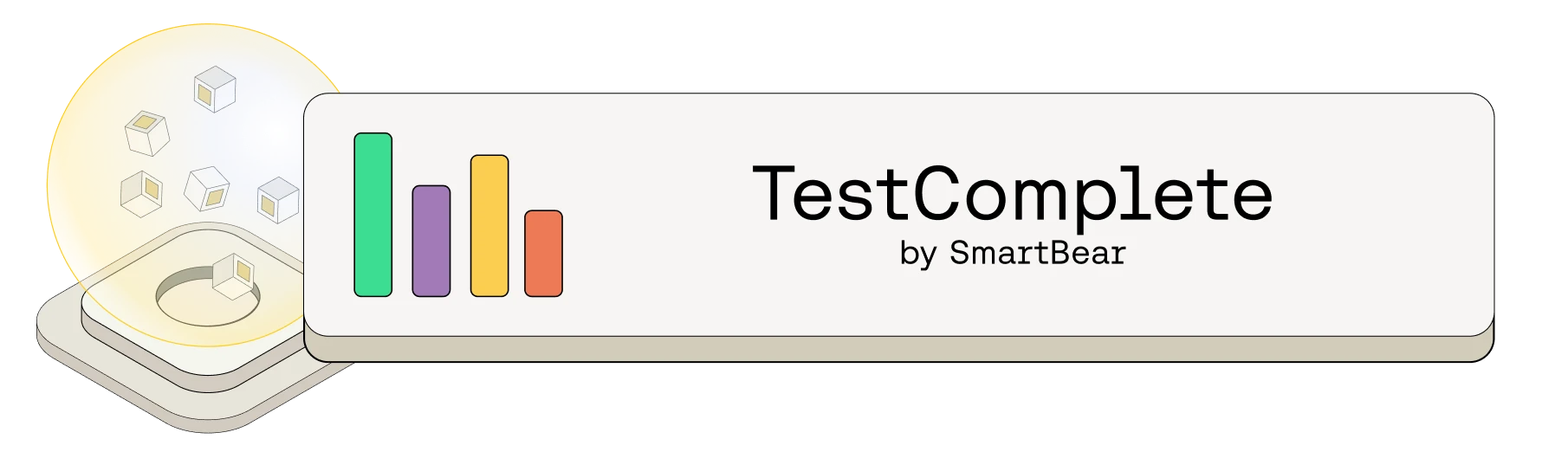 TestComplete by SmartBear header with colorful bar graph and abstract cube design elements on a light background.