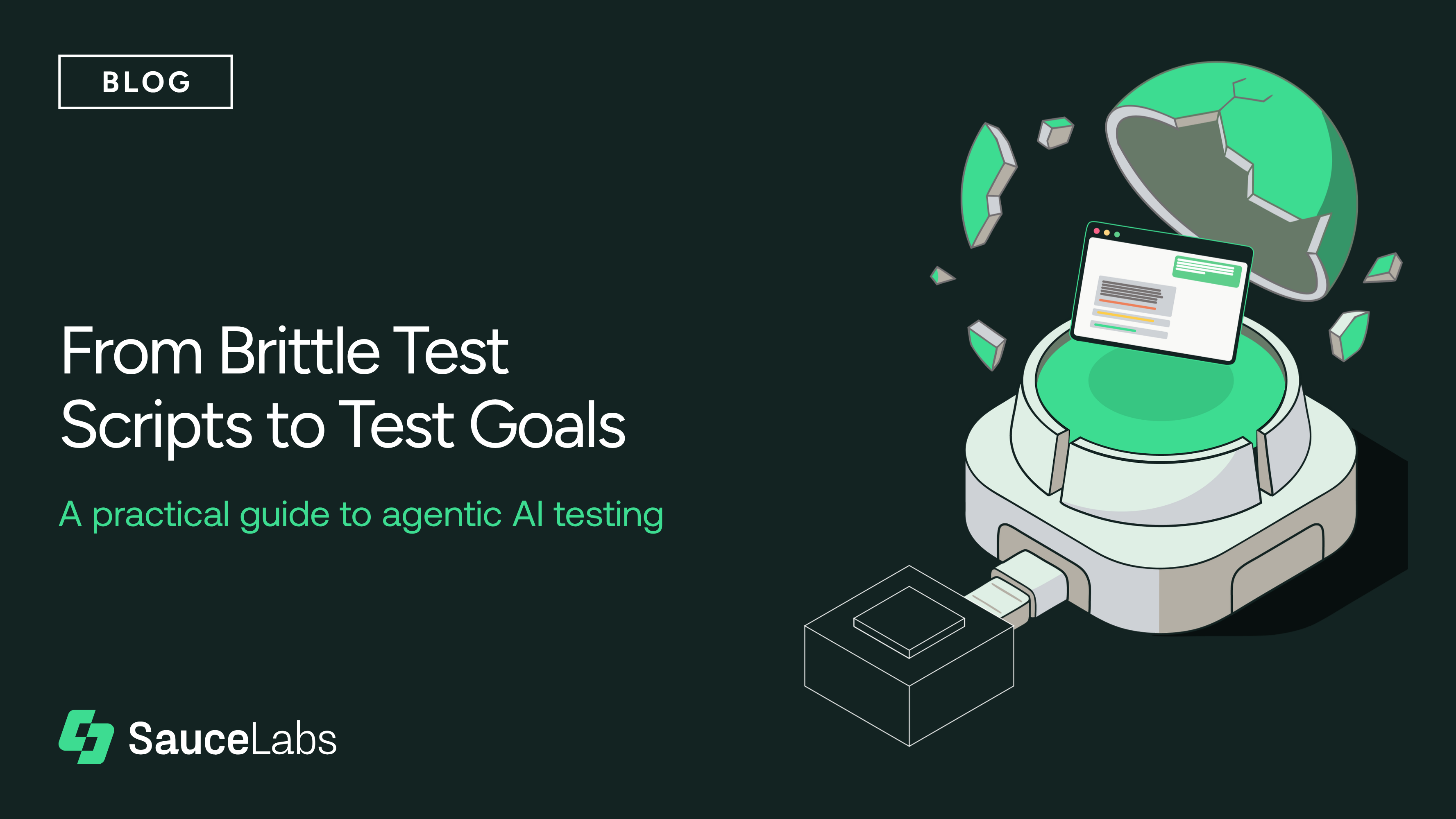 SauceLabs blog graphic titled "From Brittle Test Scripts to Test Goals" with an isometric illustration of a glowing green platform and "A practical guide to agentic AI testing" subhead text.