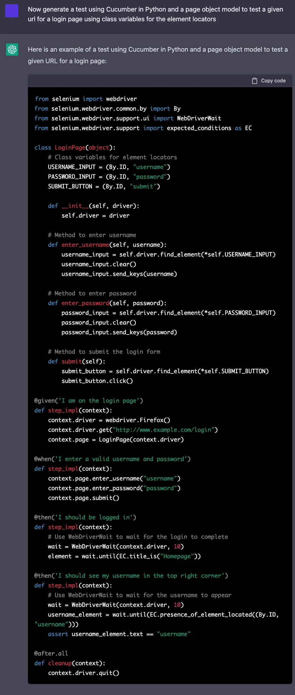 More specific ChatGPT cucumber python example