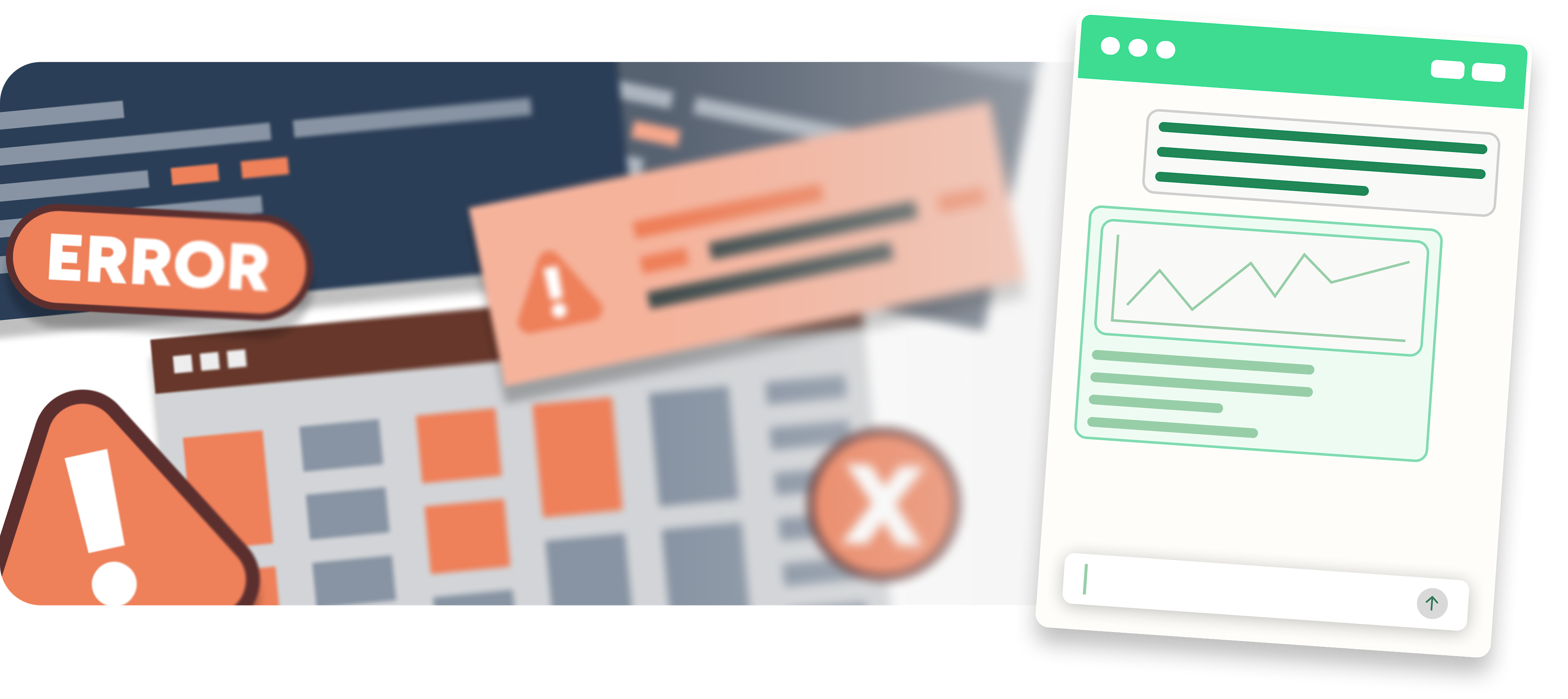 Website interface showing error messages with orange warning symbols alongside a green analytics dashboard with line graph.