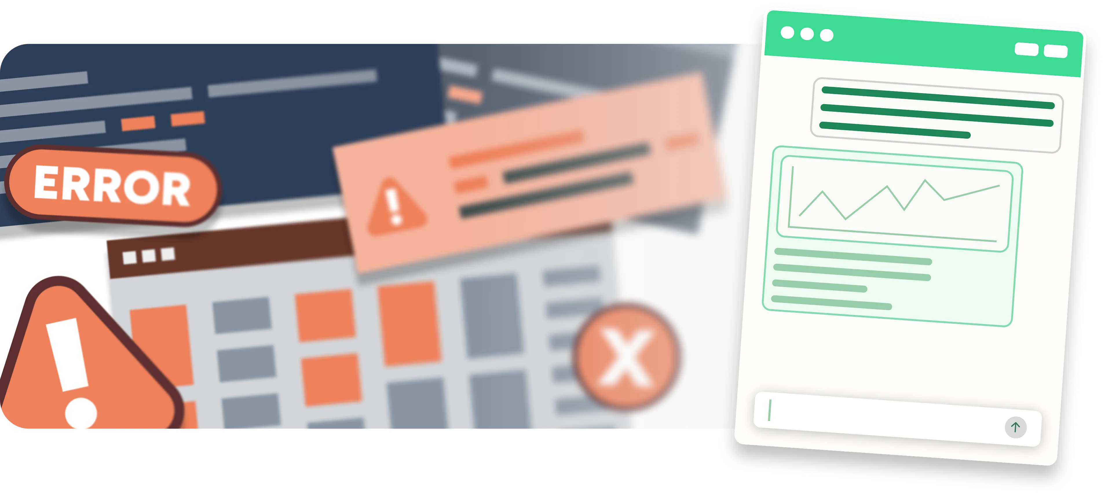 Website interface showing error messages with orange warning symbols alongside a green analytics dashboard with line graph.