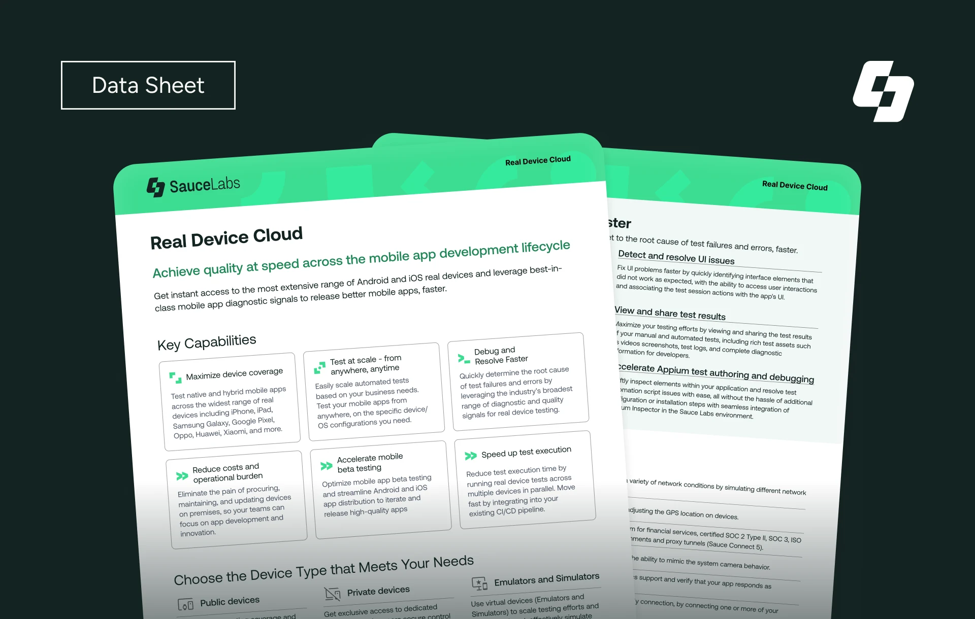 SauceLabs Real Device Cloud data sheet showing mobile app testing capabilities on a dark green background.