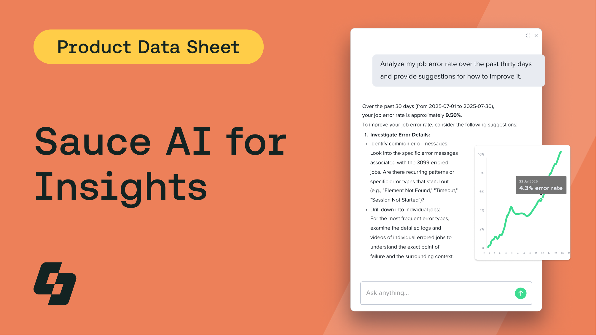 Sauce AI for Insights product data sheet showing job error rate analysis with graph and improvement suggestions.
