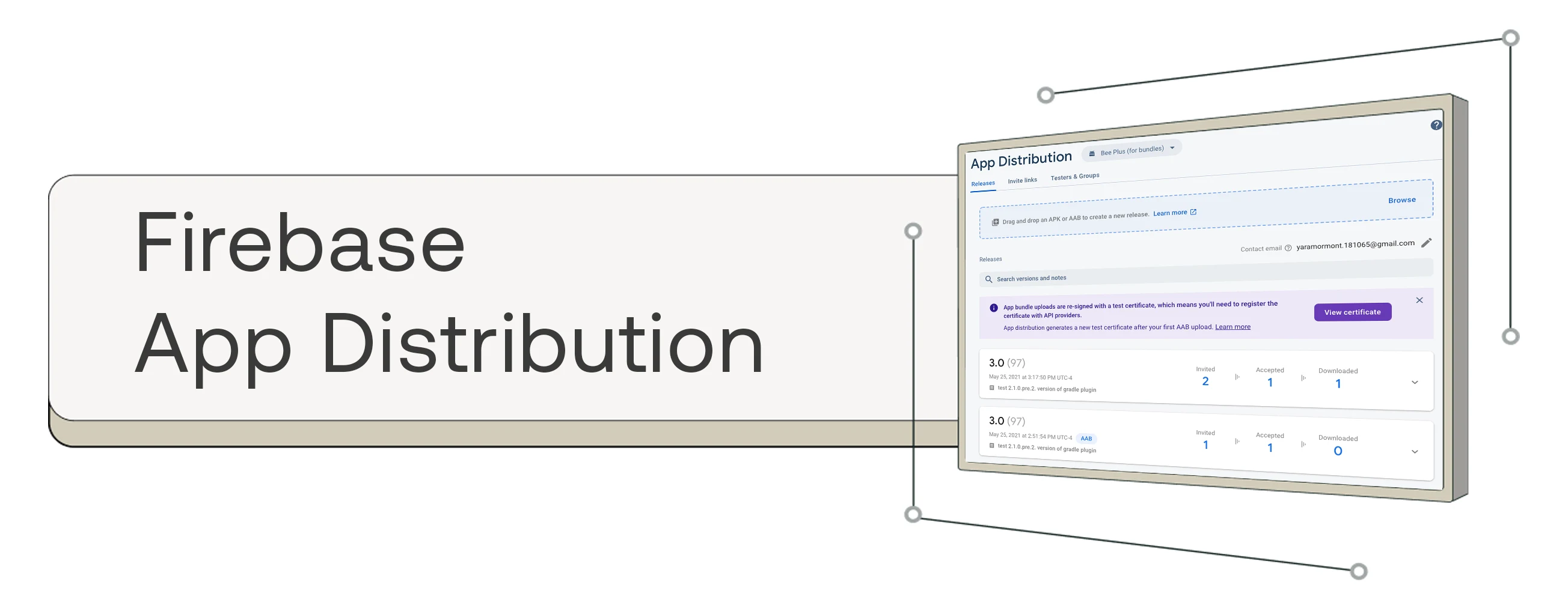 Firebase App Distribution interface showing app version management dashboard with release statistics and certificate notification.