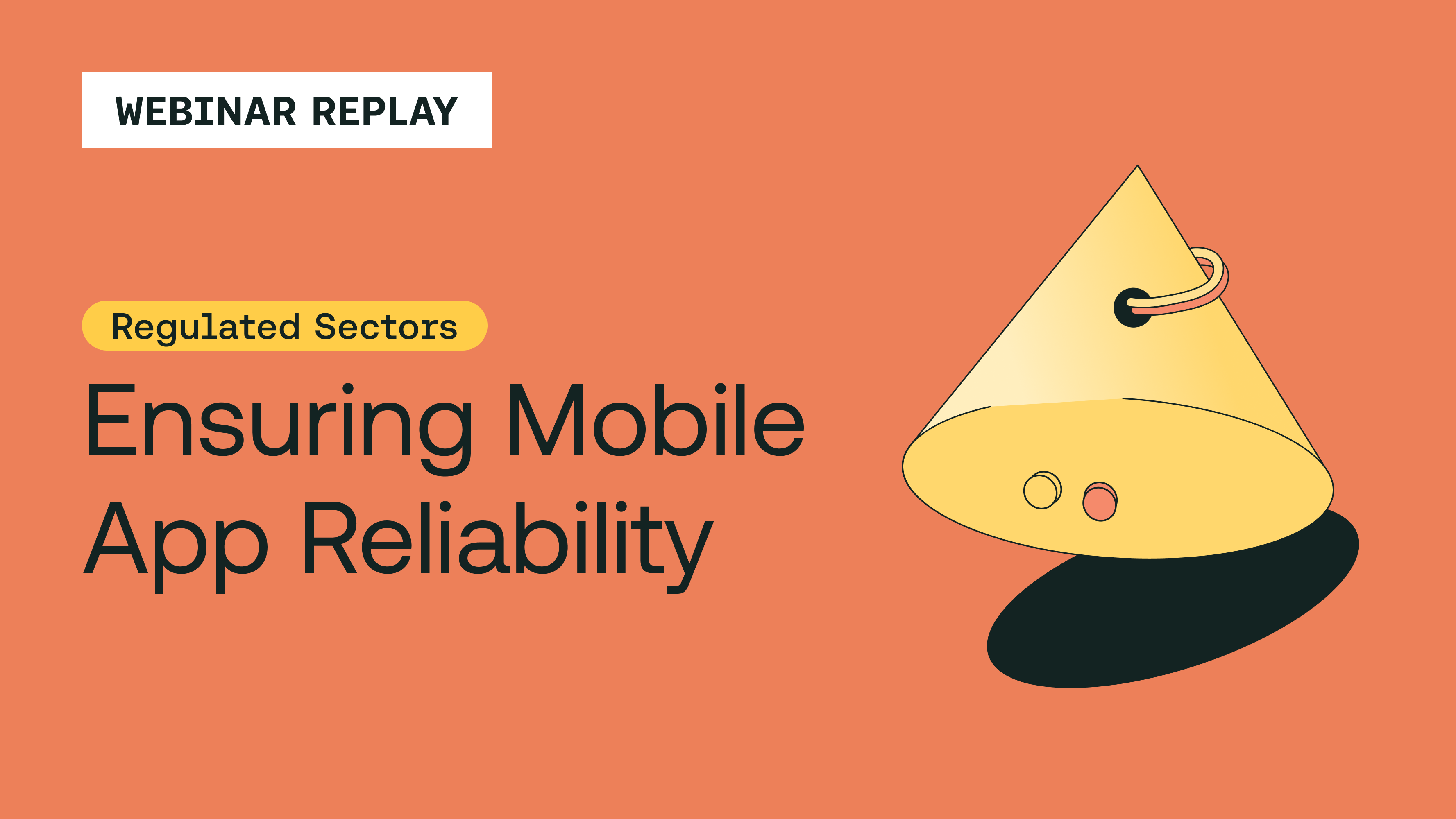 Webinar announcement for Ensuring Mobile App Reliability with illustrated icon, scheduled for November 5 on coral background.
