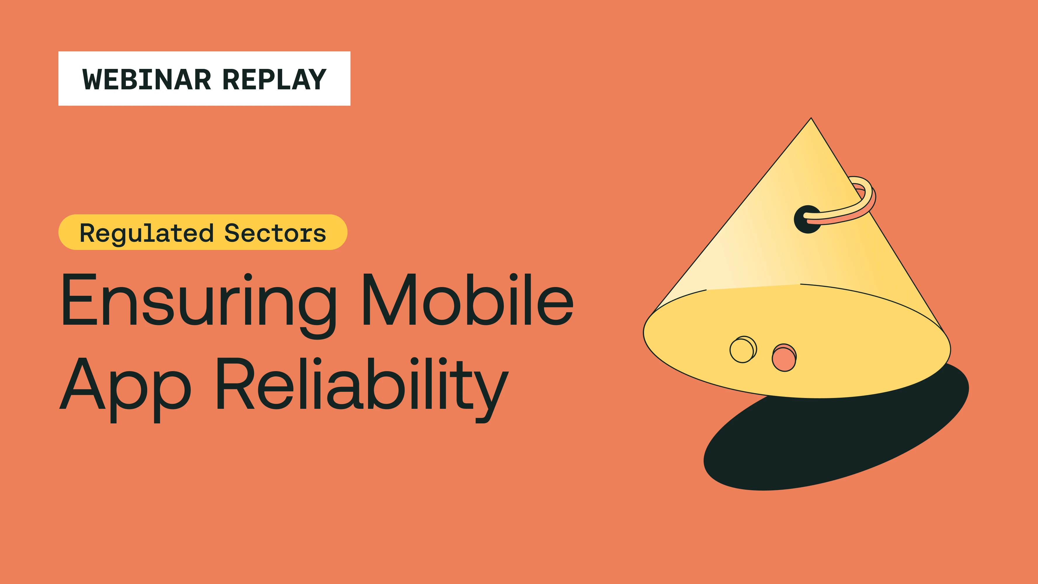 Webinar announcement for Ensuring Mobile App Reliability with illustrated icon, scheduled for November 5 on coral background.