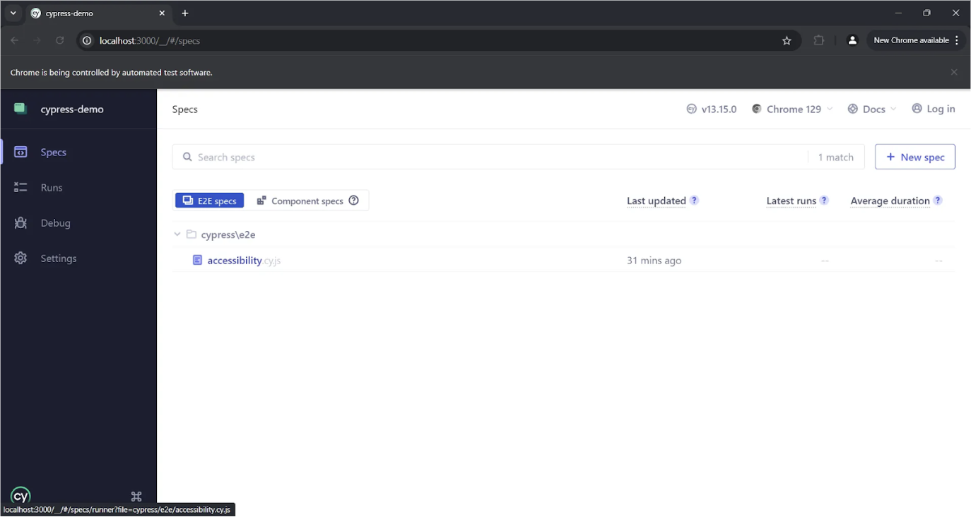 screenshot of cypress e2e specs