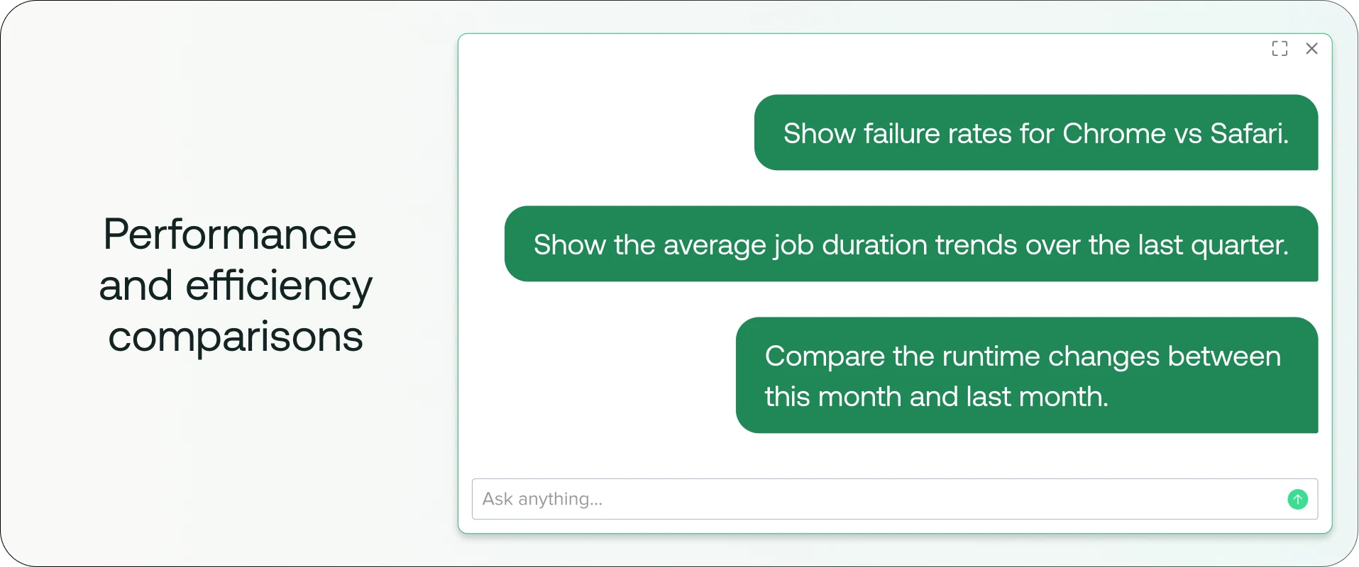 Interface showing performance comparison options with green buttons for browser failure rates and runtime analytics.