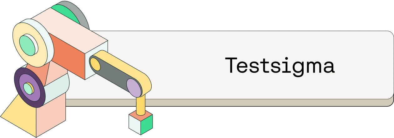 Colorful isometric illustration of a mechanical device with gears and components next to the word "Testsigma"